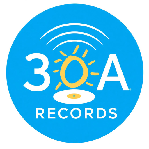 30A Records logo — blue circle mark with sun, vinyl, and broadcast arcs